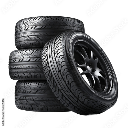 A stack of four tires with one tire leaning towards the stack