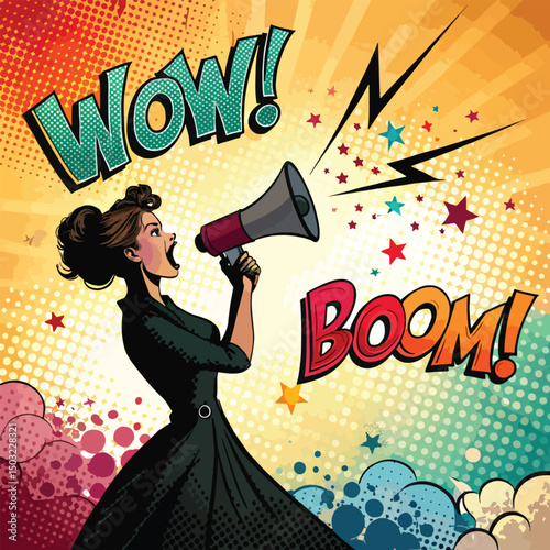Retro Pop Art Woman Shouting into Megaphone Announcement