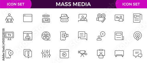 Mass media outline vector icons large set isolated on white background. media business concept. Media outline icons set.