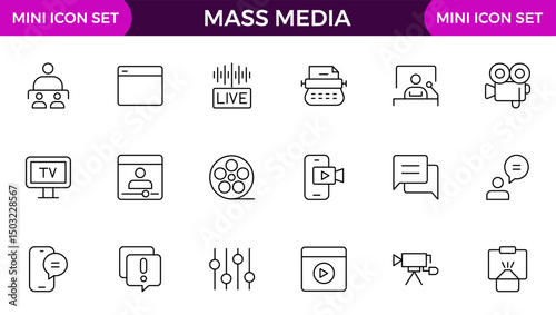 Mass media outline vector icons large set isolated on white background. media business concept. Media outline icons set.