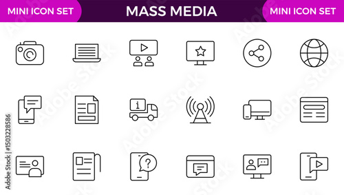 Mass media outline vector icons large set isolated on white background. media business concept. Media outline icons set.
