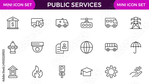 Set of outline Public Services icons. Minimalist thin linear web icon set. Line icons related to public utilities. Gas, electricity, water, heating.