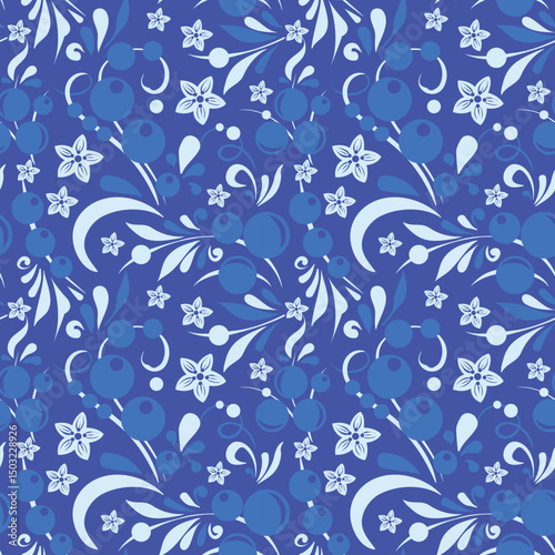 New Year pattern in the Old Russian style. Traditional, folk motif. Vector background with winter twigs, berries, flowers, leaves. For cards, fabric, textiles, advertising, clothing, packaging.