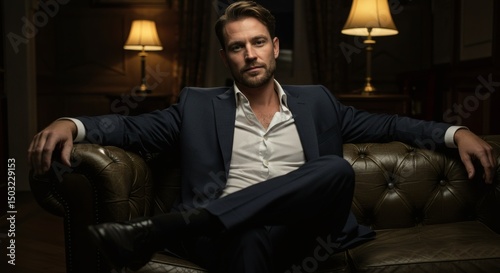 Handsome man in suit sitting on leather couch in dark room portrait shot