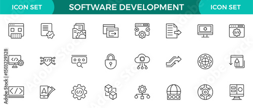 Software development line icon set. Cloud computing, programmer, website, data, bugs, appraisal, feedback, evaluation, goals, metrics, KPI outline icon collection.