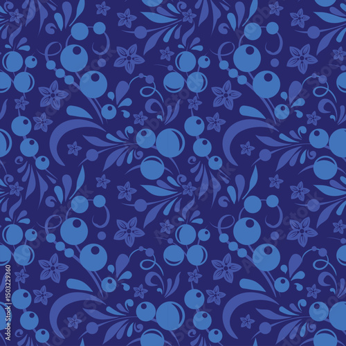 New Year pattern in the Old Russian style. Traditional, folk motif. Vector background with winter twigs, berries, flowers, leaves. For cards, fabric, textiles, advertising, clothing, packaging.