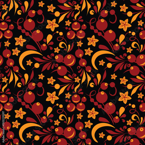 Russian old style ornament Hohloma in gold and red colors seamless pattern. Vector Floral slavic traditional decoration motive. For cards, fabric, textiles, clothing, packaging.
