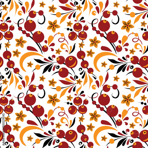 Russian old style ornament Hohloma in gold and red colors seamless pattern. Vector Floral slavic traditional decoration motive. For cards, fabric, textiles, clothing, packaging.