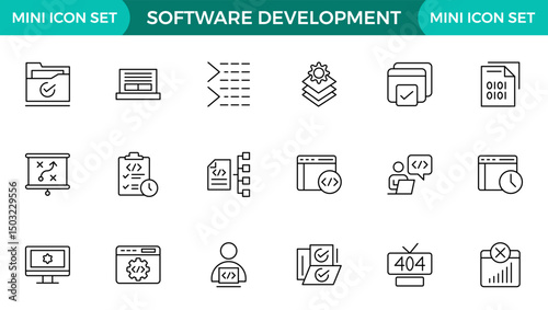 Software development line icon set. Cloud computing, programmer, website, data, bugs, appraisal, feedback, evaluation, goals, metrics, KPI outline icon collection.