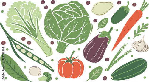 Watercolor Vegetables Set | a watercolor-style vector illustration of a variety of fresh vegetables arranged on a white background. Include colorful, hand-painted representations of vegetables.