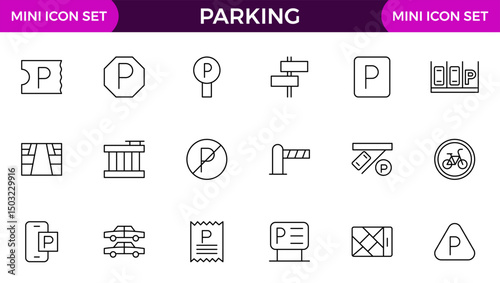Parking line icon collection. Garage, paid parking, lift, automobile and car parking icon set.