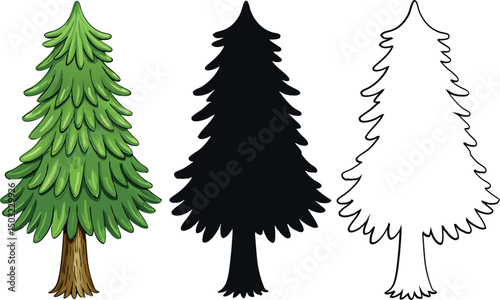 Illustration of Evergreen Tree Featuring Colored, Silhouette, and Outline Variants for Graphic Design, Vector Art, and Nature-Based Creative Projects