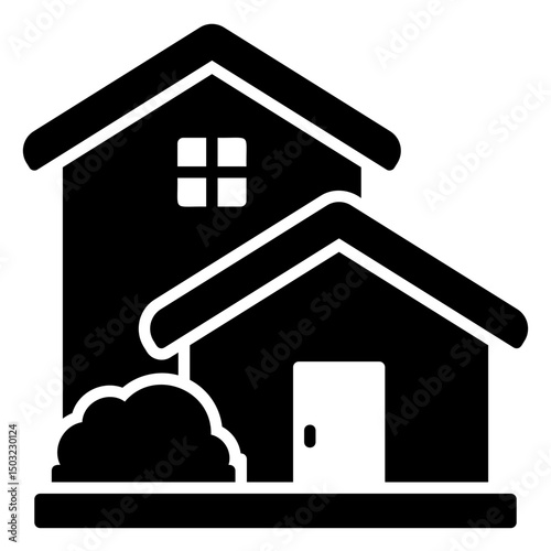 Icon of a two story house in classic style and plants next to it