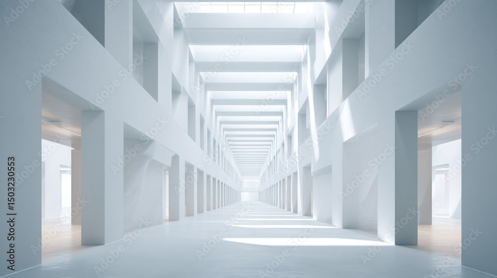 Obraz premium A long white hallway with repeating archways and bright light at the end of the structure view