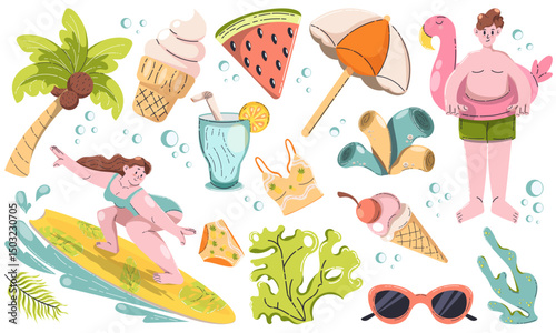 Set of cartoon summer stickers in retro 90s style. Summer party, vacation, beach season, shore, sun, swimwear. Bright groovy funky summer elements and shapes. Sticker beach pack of patches, labels
