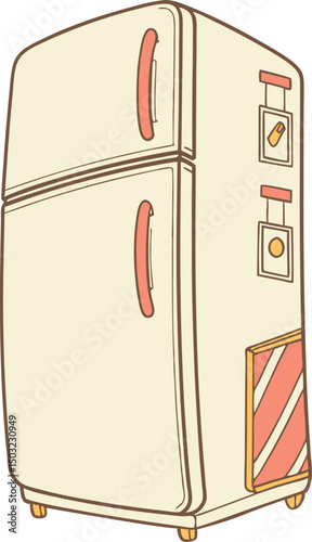 Vintage Retro Refrigerator Illustration Featuring Classic Two-Door Design, Red Handles, Striped Red and Beige Panel, Control Buttons, and Timeless Cooling Appliance Aesthetic