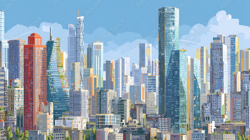 Obraz premium A cityscape illustration with various skyscrapers under a slightly cloudy blue sky in daytime