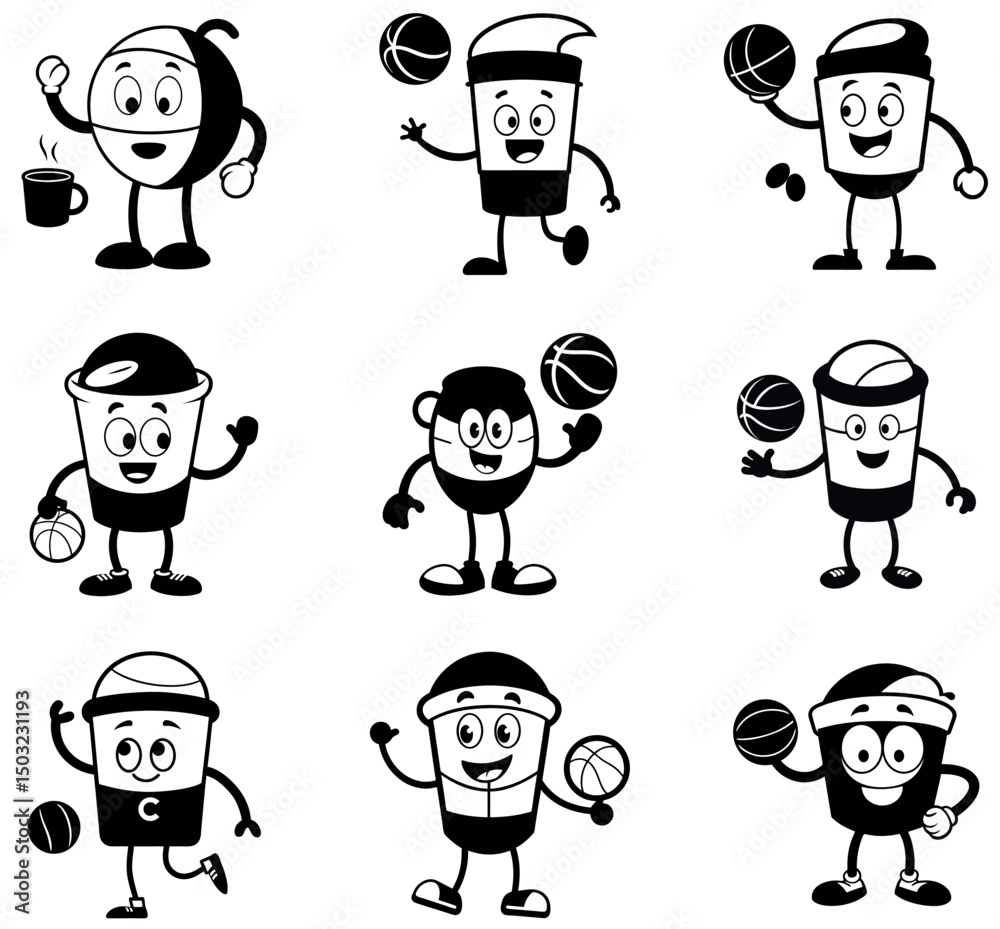 Fototapeta premium Black and White Coffee Cup Characters Playing Basketball – Fun Beverage Mascot Set