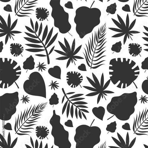  Seamless pattern of tropical leaf black silhouettes. Dense botanical design on a white background for summer themes. Different types of foliage design perfect for summery or nature-inspired themes.