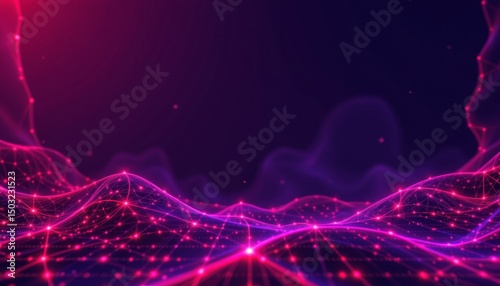 create a 3d rendering of a purple and red wireframe visual design background, position the subject at the bottom, leaving clear copy space at the top for a crystal clear style.