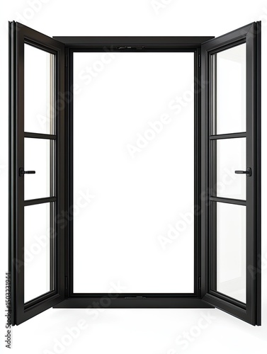 Open black double doors with glass panes