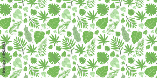 Seamless pattern of tropical green leaves. Dense foliage design with monstera, palm, and fern on light background. Different types of foliage design perfect for summery or nature-inspired themes.