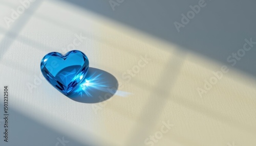 blue heart shaped glass object on white surface, subject on left with copy space on right, lightwave style.