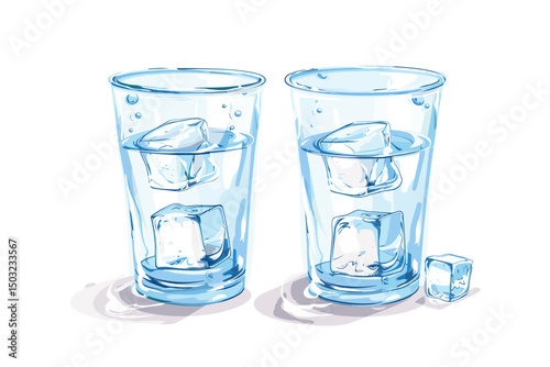 Splash of water in a wide glass with ice isolated on white background