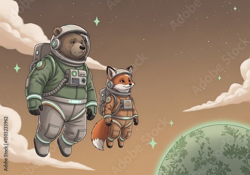 Eco Astronaut Bear and Fox Floating in Space with Copy Space photo