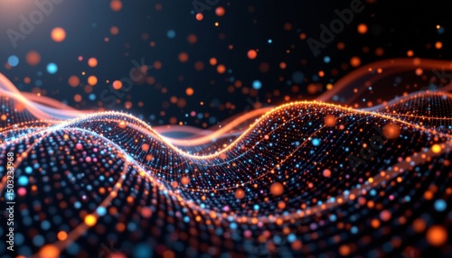 abstract digital background with a network of bright connected dots and lines in a wave of gradient dots on a black background, 3d rendering with prismatic style