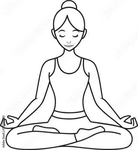 Woman in lotus position meditation pose line art vector illustration