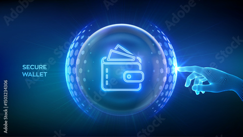 Secure Digital Wallet. Online banking. Safety payments. Secure transactions. Personal financial data protection. Hand touching transparent protection sphere shield with Wallet icon inside. Vector.