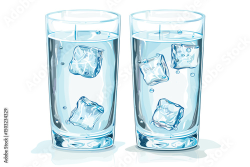 Splash of water in a wide glass with ice isolated on white background