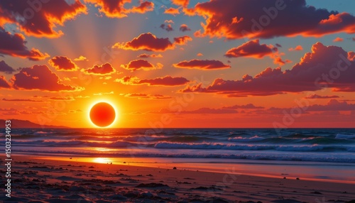 illustration of a total solar eclipse with the sun just above the horizon, viewed from the beach at sunset, subject positioned on the right side, leaving clear copy space on the left.