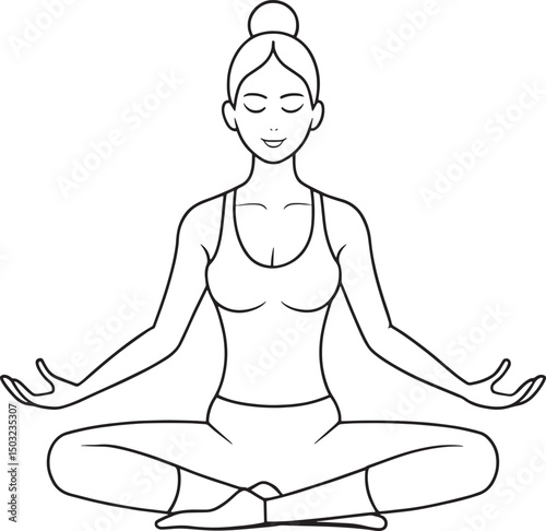 Line art of woman meditating in lotus pose yoga vector illustration
