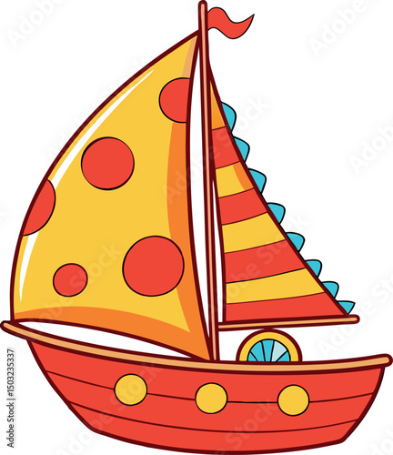 Whimsical Cartoon Sailboat with Bright Yellow and Red Sails Featuring Decorative Nautical Patterns on a Fun, Colorful Ocean Adventure Illustration