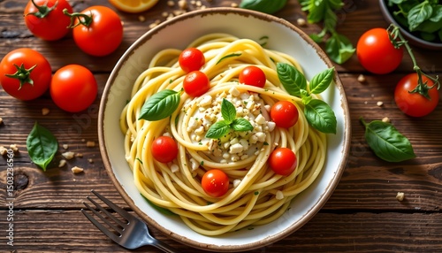 top down view of zucchini spaghetti in a dreamy lightwave style, with a wide angle perspective and bright dappled lighting, emphasize vivid colors and a tilt from the horizon for a dynamic position.