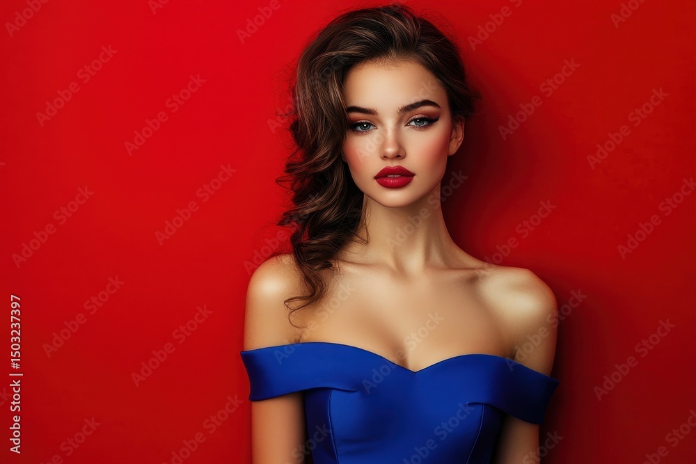 custom made wallpaper toronto digitalElegant woman poses confidently in stylish blue dress against a vibrant red background, showcasing her beauty and poise during a fashion-inspired photo shoot