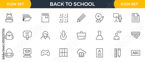 Back to school line icons set. Education, learning, school, online school, outline education, graduation, study, lesson, book, telescope, backpack and bus outline icon collection.