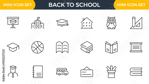 Back to school line icons set. Education, learning, school, online school, outline education, graduation, study, lesson, book, telescope, backpack and bus outline icon collection.