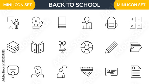 Back to school line icons set. Education, learning, school, online school, outline education, graduation, study, lesson, book, telescope, backpack and bus outline icon collection.