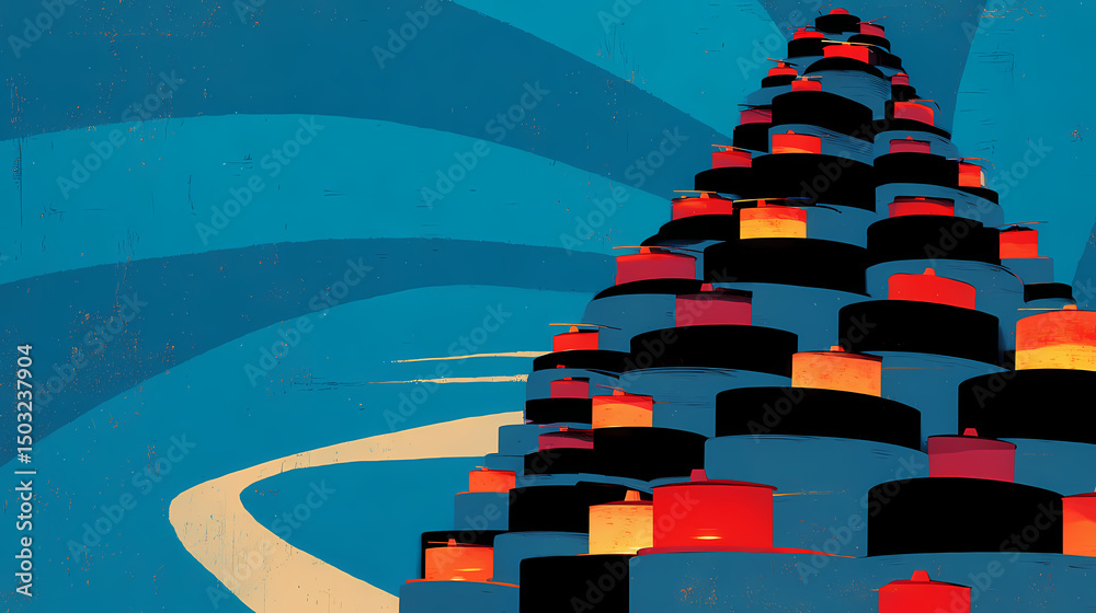 Obraz premium Breathtaking digital creation of mountains made from stacked teapots, showcasing surreal repetition and fantastic light play. steep geometry. Illustration