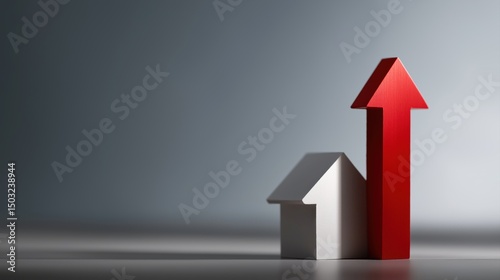 A rising red arrow next to a white house, symbolizing the increasing burden of property 