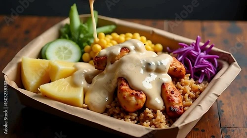 Delicious Chicken Rice Bowl with Creamy Sauce Fresh Vegetables and Corn