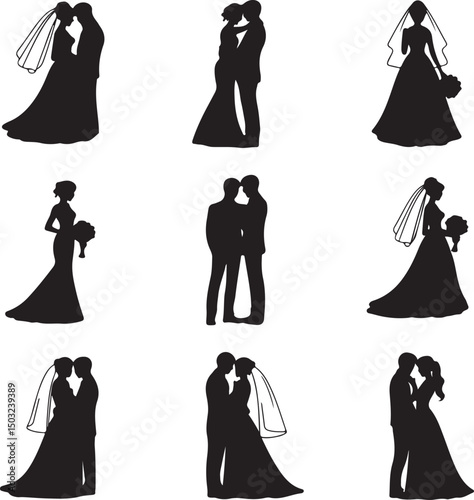 Bride and Groom Wedding Silhouette

Just Married Couple Vector Art

Elegant Wedding Moment Illustration

Romantic Bride & Groom Pose

Classic Wedding Couple Silhouette