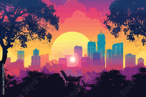 Vector Night city with sun illustration 