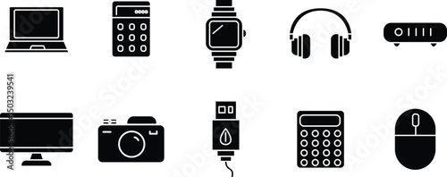 Black electronic device icons including camera, mouse, headphone and smartwatch