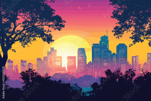 Vector Night city with sun illustration 