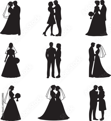 Bride and Groom Wedding Silhouette

Just Married Couple Vector Art

Elegant Wedding Moment Illustration

Romantic Bride & Groom Pose

Classic Wedding Couple Silhouette