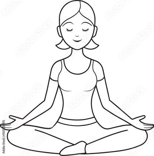 Cute girl meditating yoga coloring page line art vector illustration